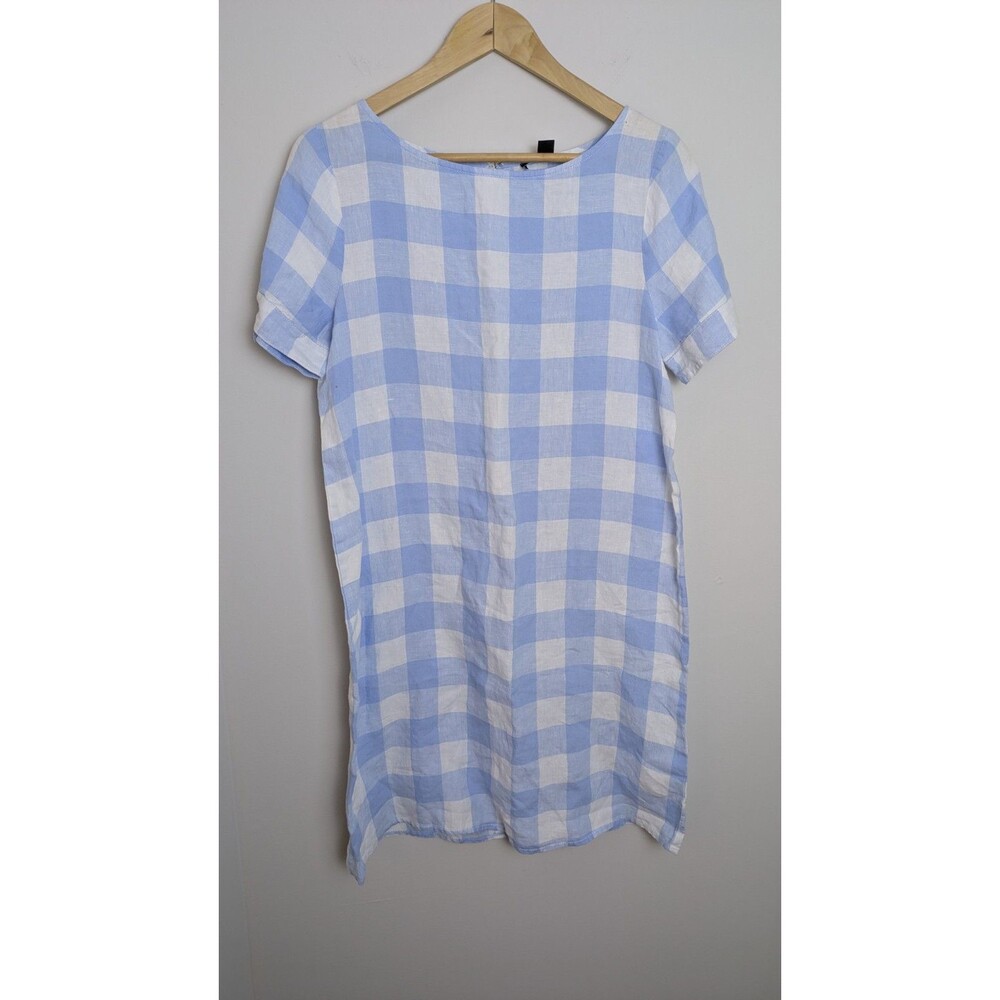 SAKS Women's SZ S 100% Linen Blue White Check Short Sleeve Beach Preppy Cottage
